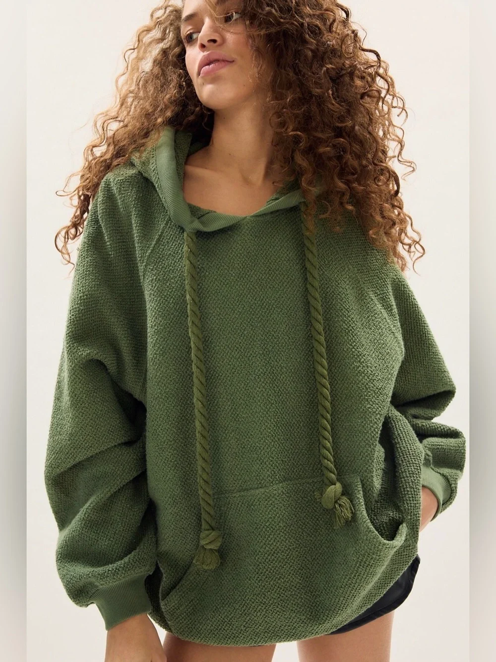 Free People Looped In Hoodie in Oil Green - Picture 1 of 5